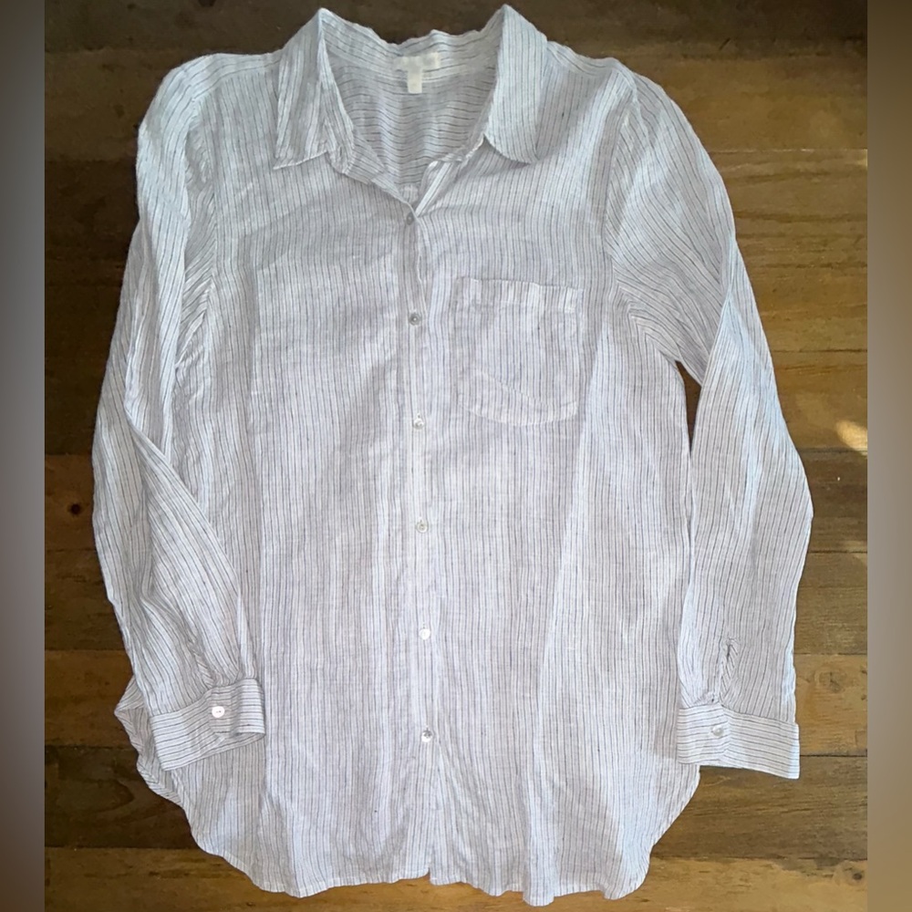 EILEEN FISHER Mini Striped white and dark gray stripes Organic Linen Shirt - Picture 3 of 10